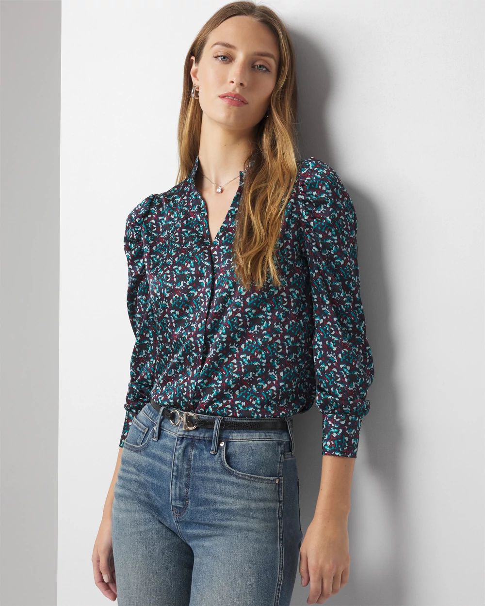 Y-Neck Ruched Shoulder Shirt | White House Black Market